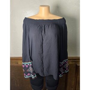 Wrangler Retro Off Shoulder Navy Long Sleeve Flowy Shirt with embroidered sleeve